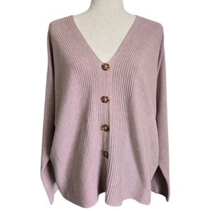 Vila Milano Mauve Pink Ribbed V-Neck Sweater Decorative Button Front XL